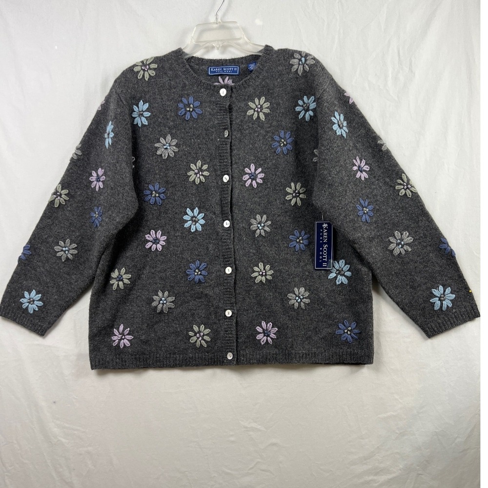 Karen Scott Cardigan Sweater Women 2X Gray Wool Floral Embroidered Button Up